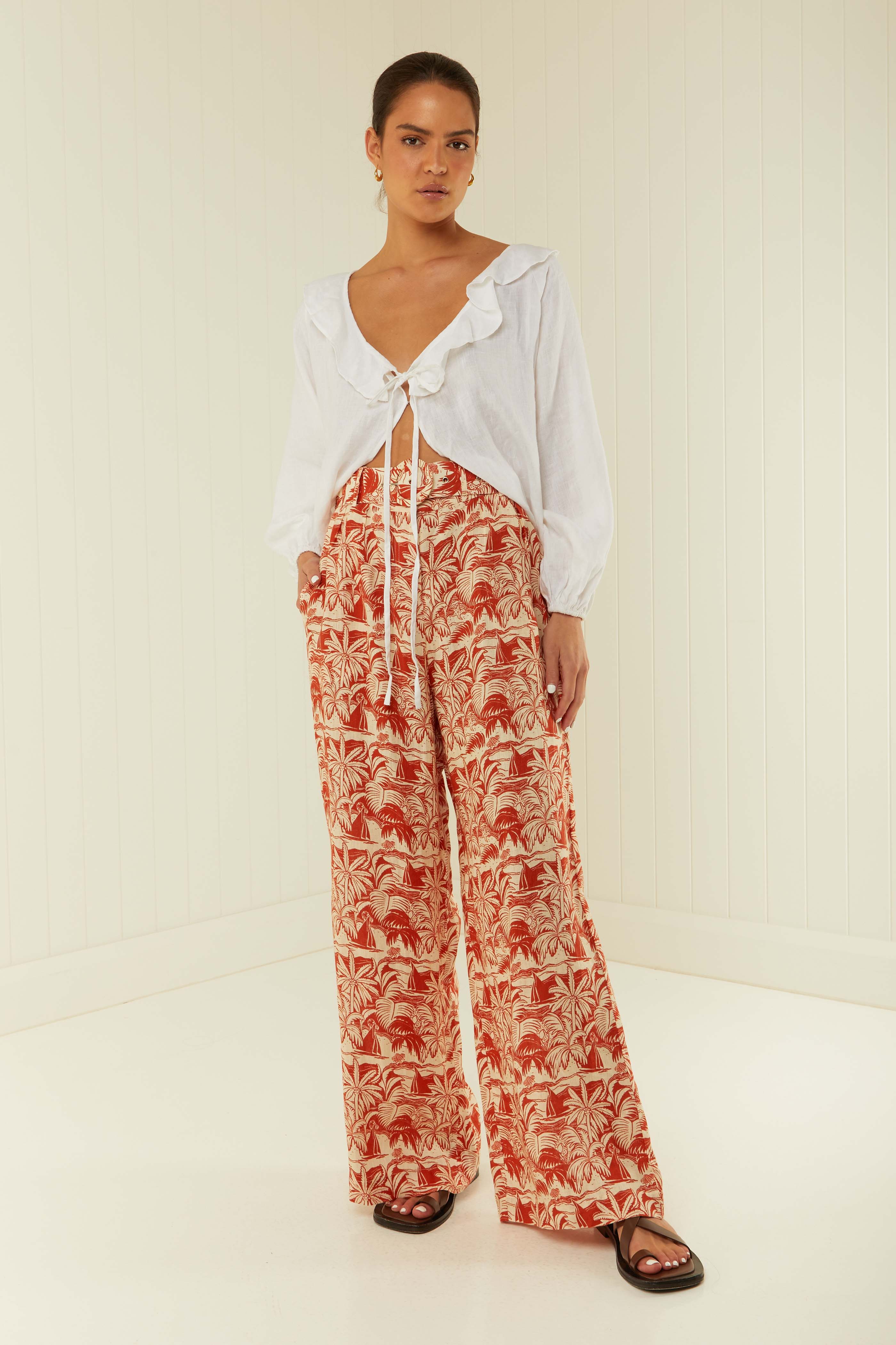 Red Floral Print Wide Leg Trousers