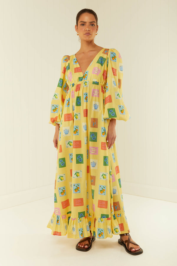 Palm Noosa Coolidge Dress Yellow Emblem Cotton Poplin