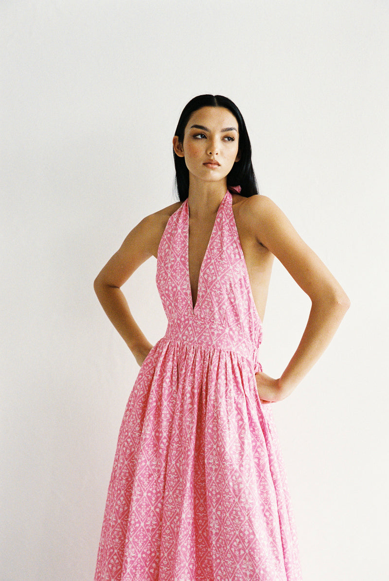 Palm Noosa Checkmate Dress Pink Diamond Cotton Linen Blend