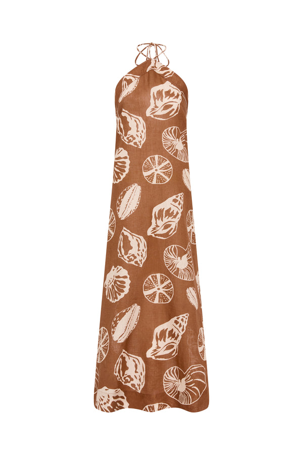 Palm Noosa Isabella Midi Dress Brown Shells Linen