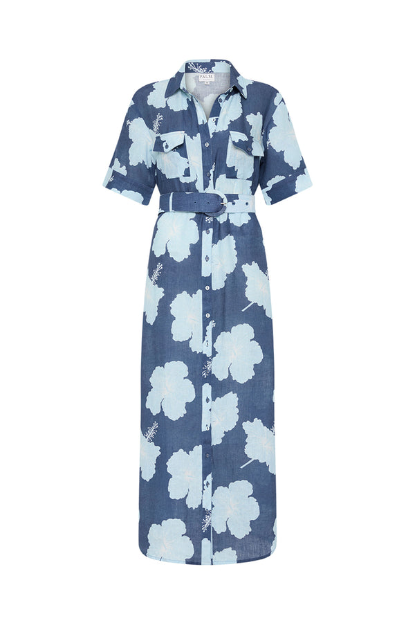 Palm Noosa Memento Dress Blue Hisbiscus Linen