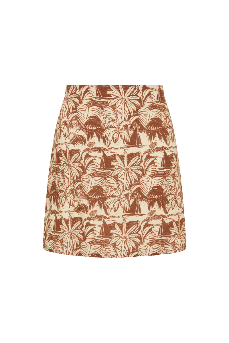 Palm Noosa East Mini Skirt Brown Palm Scene Linen
