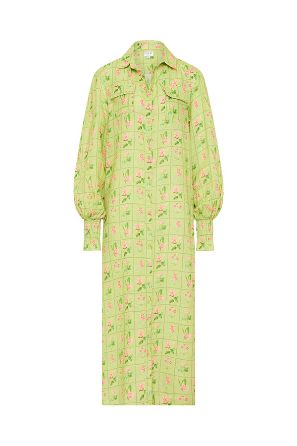 Palm Noosa Marigold Dress  Green Floral Tile Linen