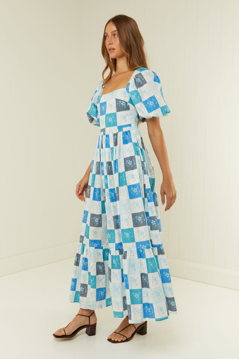 Palm Noosa Lola Maxi Dress Blue Floral Tile