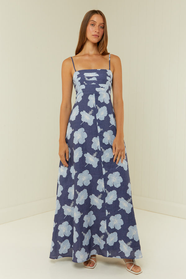 Palm Noosa Primrose Dress  Blue Hisbiscus Linen