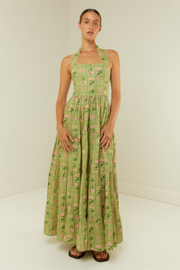 Palm Noosa Willow Dress  Green Floral Tile Linen