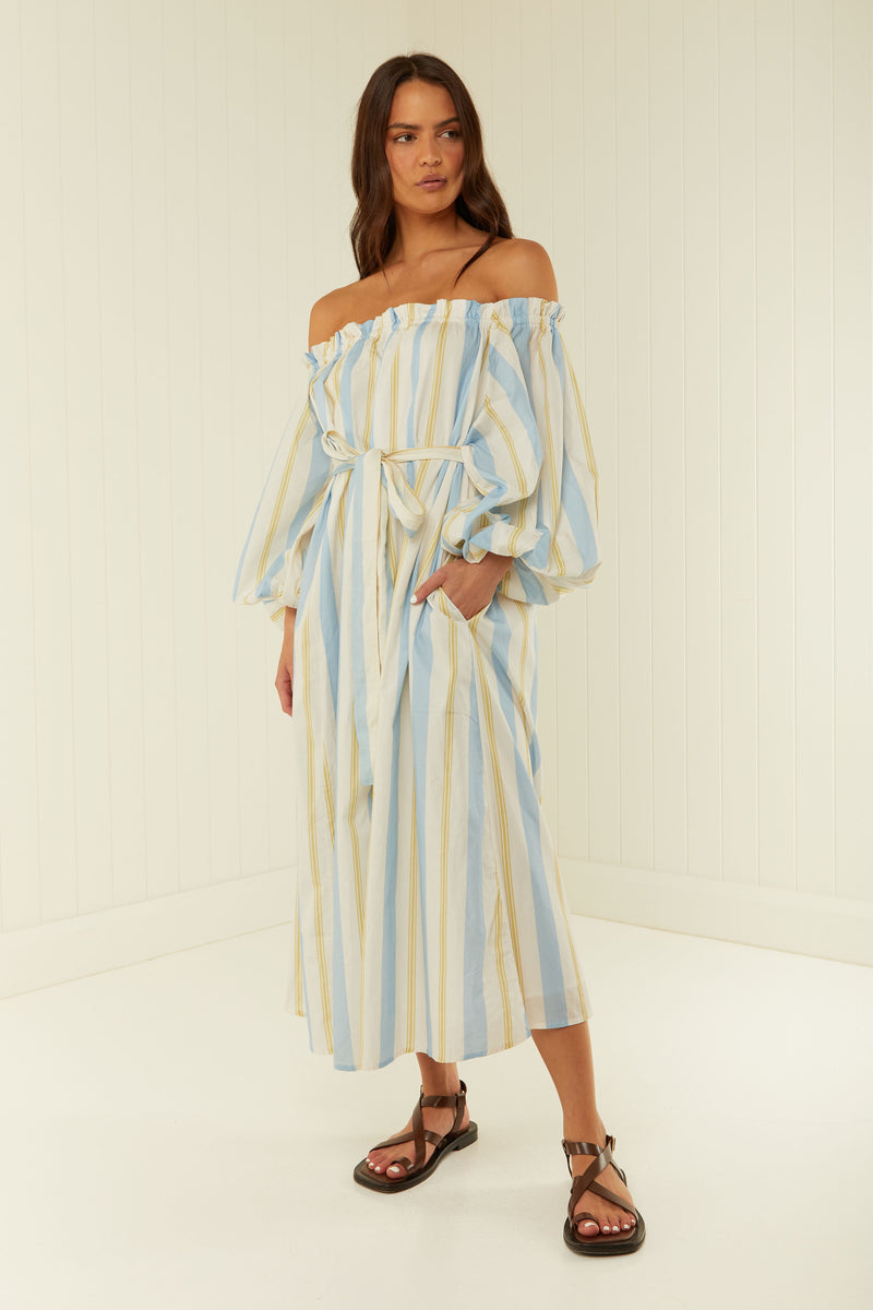 Palm Noosa Sicily Dress Blue & Yellow Stripe Cotton Poplin