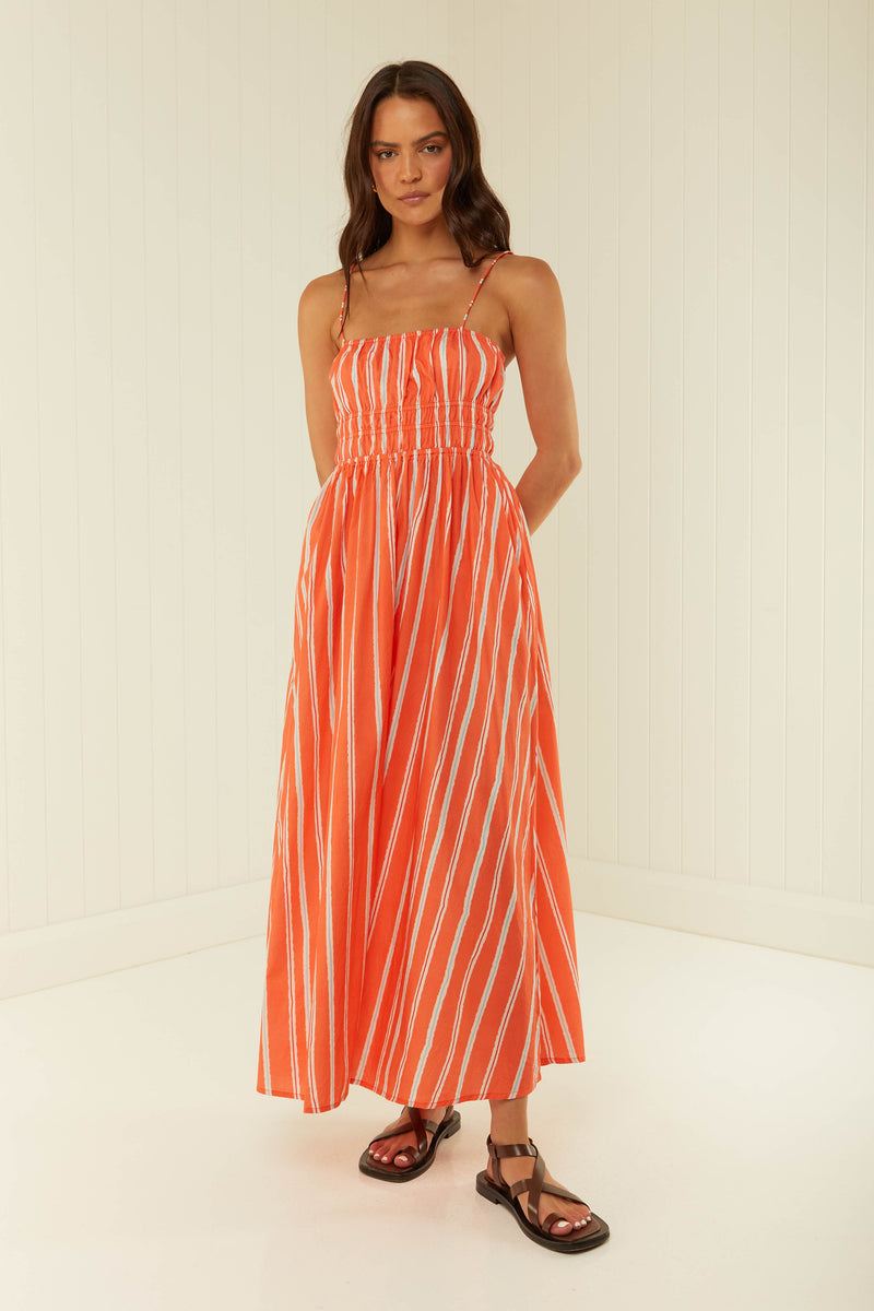 Palm Noosa West Dress Orange Stripe Cotton Poplin