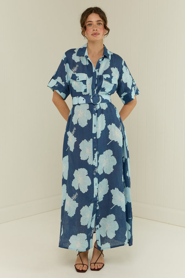 Palm Noosa Memento Dress Blue Hisbiscus Linen