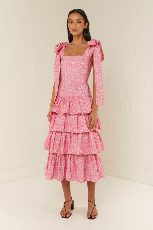 Palm Noosa Geo Maxi Dress Pink Diamond Cotton Linen Blend