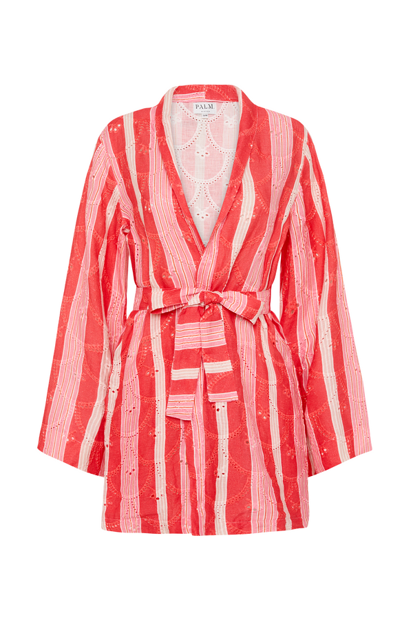 Palm Noosa Ace Of Spades Robe Linen Scallop Pink & Red Stripe