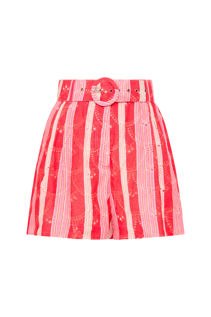 Palm Noosa Rummy Shorts Linen Scallop Pink & Red Stripe