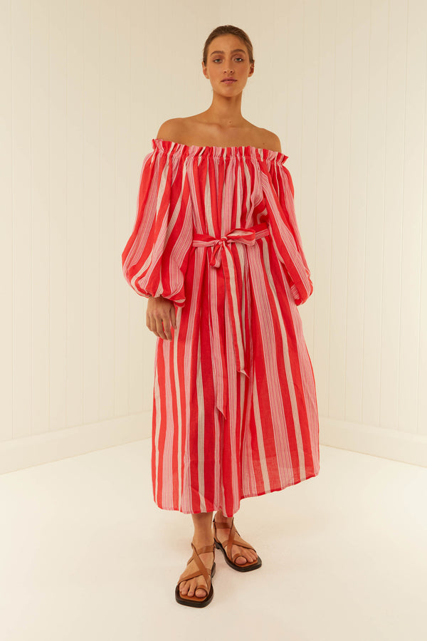 Palm Noosa Sicily Dress Linen Pink & Red Stripe