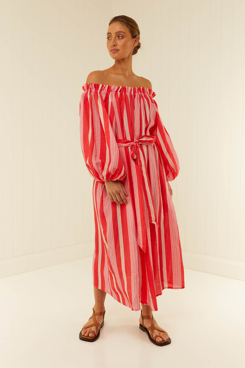 Palm Noosa Sicily Dress Linen Pink & Red Stripe