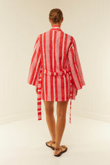 Palm Noosa Ace Of Spades Robe Linen Scallop Pink & Red Stripe