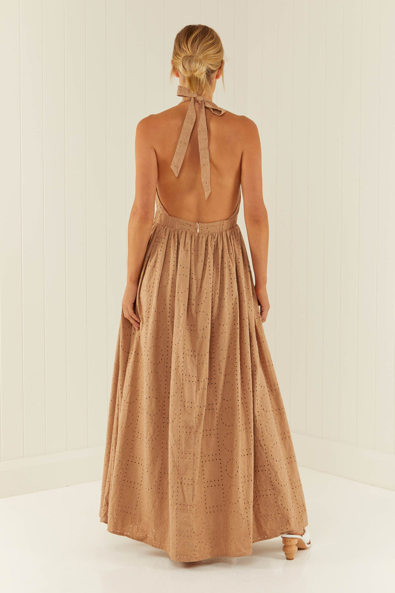 Palm Noosa Checkmate Dress Cotton Tile Anglaise Brown
